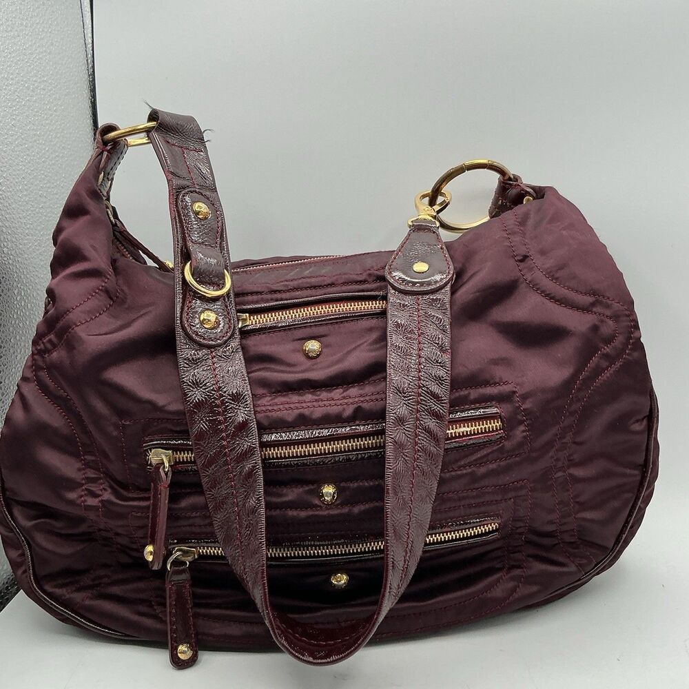 Tod’s Pashmy Burgundy Nylon Patent Leather Hobo Shoulder Bag Gold Hardware